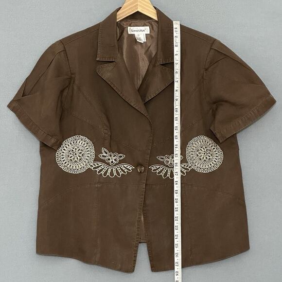 Lino USA Womens Top Plus 1X Brown 100% Linen 2 Piece Embroidered Classic Clasual - Picture 13 of 16
